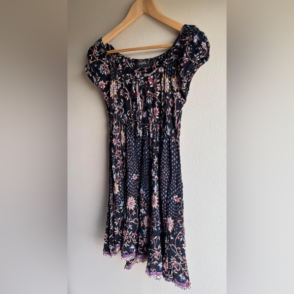 Anthropologie Lola P. Women Floral Mini Short Sleeve Dress Small Brown Boho - Picture 4 of 9